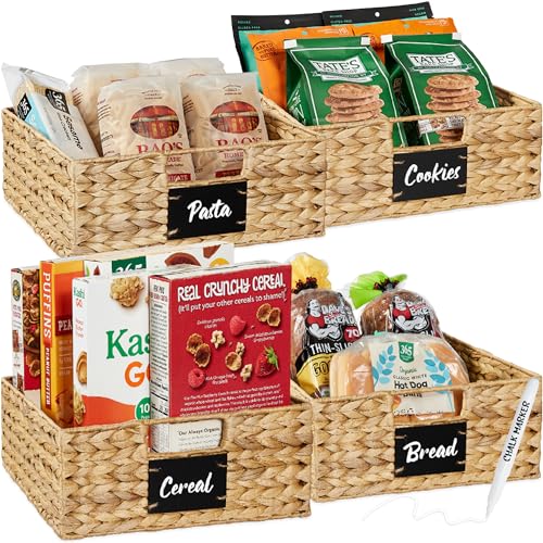 Best Choice Products Set of 4 13x12in Water Hyacinth Pantry Baskets, Woven Organizers w/Chalkboard Label, Chalk Marker - Natural - color: Natural, size: 13x12x5in