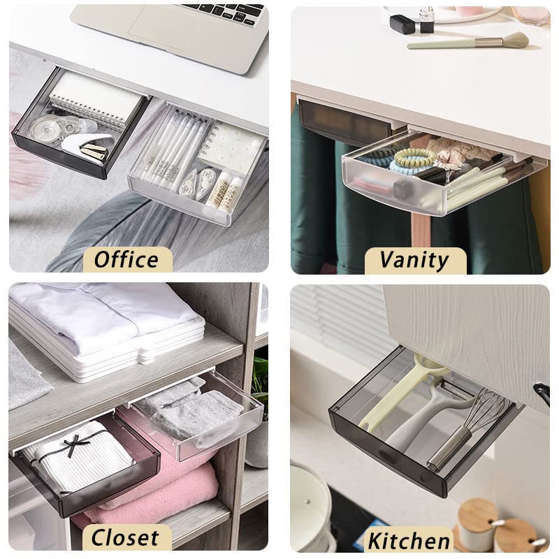 SOUJOY 3 Pack Under Desk Drawer, Self-Adhesive Slide Out Organizer Tray, Plastic Stick On Table Hidden Attachable Drawer Tray for Office Home School Kitchen
