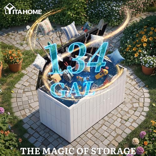 YITAHOME 134 Gallon Large Outdoor Storage Box with Lock, Waterproof Resin Deck Box w/Hydraulic Piston for Garden Tools, Pool Accessories & Cushions(Black & Grayish-White) - color: Black & Grayish-White, size: 134 Gallon, style: Deck Box