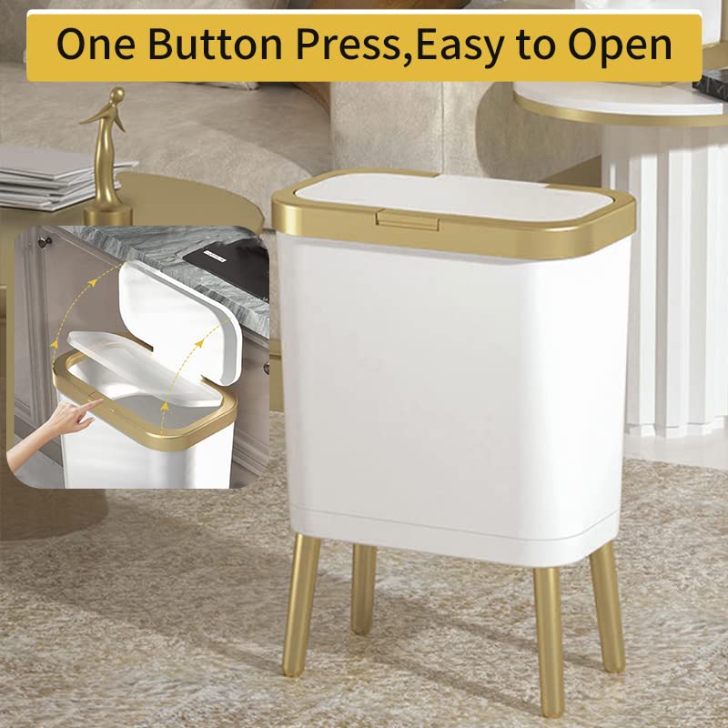 Procade Bathroom Trash Can with Lid, Plastic Garbage Can with Legs, 4 Gallon Gold Trash Bin with Push Button, Narrow White Trash Can Waste Basket for Bedroom, Living Room,Office，Dog Proof Trash Bin - color: White