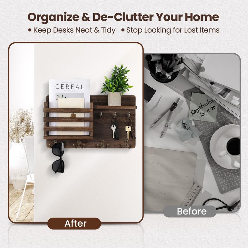 Nekon Mail Holder for Wall Mail Organizer with Key Hooks Hallway Farmhouse Decor Storage Racks with Floating Shelf and Flush Mount Hardware (16.8Inch x 10Inch x 3.2Inch) - color: Brown