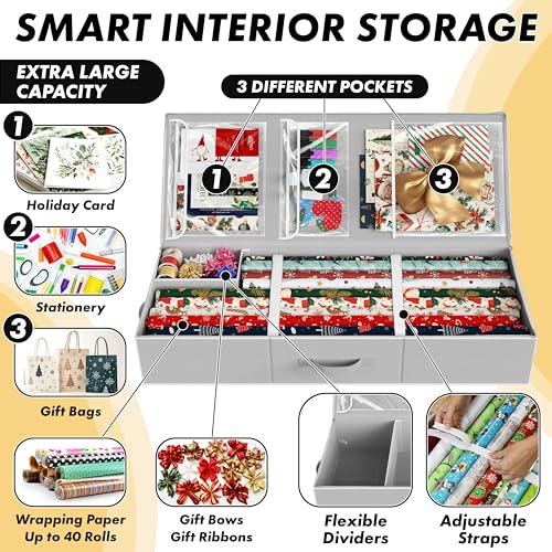 Simple Houseware 41.5" Wrapping Paper Storage Organizer - Fits 40 Rolls with Adjustable Straps, Interior Divider for Ribbons & Bows, 3 Clear Pockets for Gift Bags & Tools, 41.5''L x 16''W, Gray - color: Gray