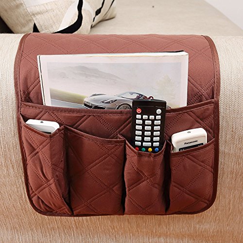 IPENNY Couch Sofa Armrest Organiser Chair TV Remote Holder Bed Storage Pocket Bag for Cellphone Tablet Notepad Book Magazines DVD Eyewears Drinker Snacks Holder Pouch - color: Coffee (5 pockets)