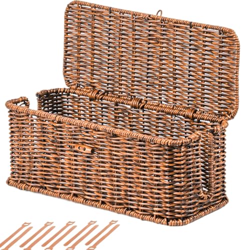 BROWNLILY Cable Management Box, Rattan Style Cord Organizer for Desk Cord Hider Outlet Covers Baby Proofing for Power Strip TV PC Router Charger Under Desk Storage with Lockable Lid and Cable Ties - color: Brown, size: M