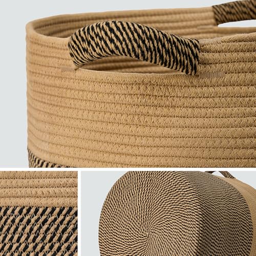 Blanket Basket - Woven Round Rope Storage Basket (16"Wx14"H) for Blankets & Throws, Small Laundry & Toy Organizer, Decorative Living Room & Bedroom Cotton Basket - Jute & Black - color: Jute & Black, size: Regular-16"Wx14"H