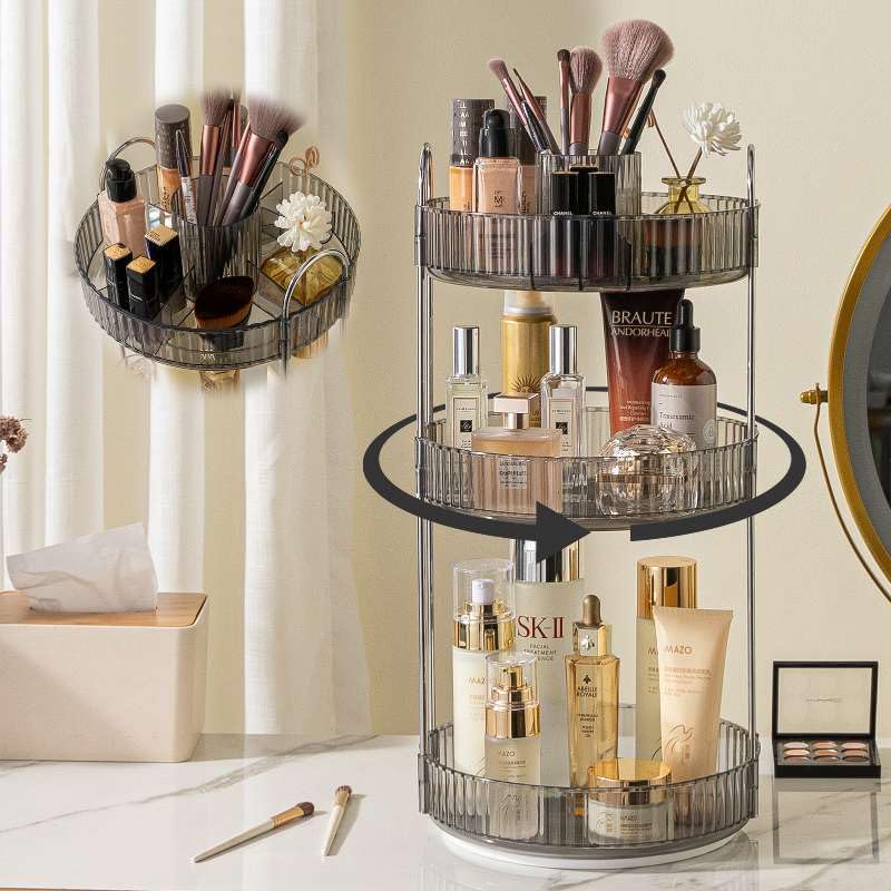 shuang qing Rotating Makeup Organizer for Vanity, High-Capacity Skincare Clear Make Up Storage Perfume Organizers Cosmetic Dresser Organizer Countertop 360 Spinning (Gray, New-3 Tier) - color: Gray, size: New-3 Tier