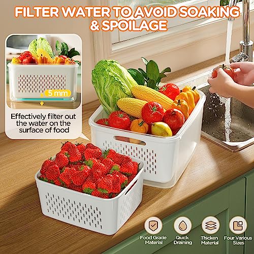 5-Pack Fruit Storage Containers for Fridge with Removable Colanders, 4 in 1 Produce Storage Containers with Lids, Leakproof Fridge Organizer Bins for Salad Berry Lettuce Vegetables Meat Keeper Fresh - color: 5P white