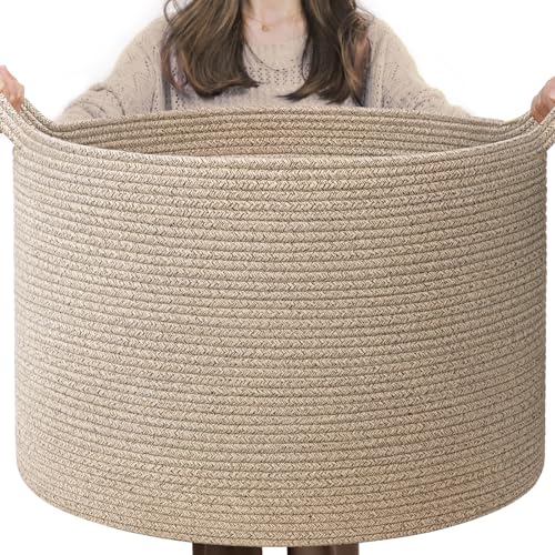 INDRESSME XXXLarge Blanket Basket for Living Room 21.7" x 21.7" x 13.8"-Storage Basket with Handle for Organizing Toy Pillows Woven Wicker Laundry Basket Stuffed Animal Toy Storage for Play Room - color: Light Brown, size: 21.7"D x 13.8"H