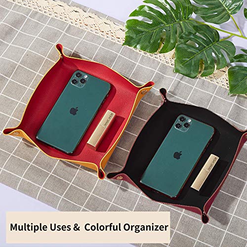 Leather Valet Tray for Men Women, Small Leather Catchall Desk Organizer, Key Holder for Entryway Table, Collapsible Travel Snap Tray (Silver + Pink) - color: Silver + Pink