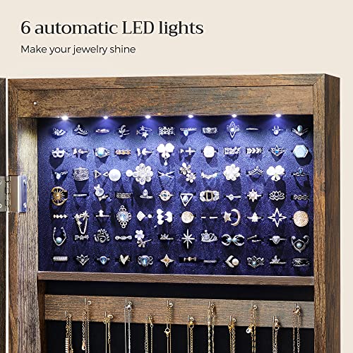 SONGMICS 6 LEDs Mirror Jewelry Cabinet, 47.2-Inch Tall Lockable Wall or Door Mounted Jewelry Armoire Organizer with Mirror, 2 Drawers, 3.9 x 14.6 x 47.2 Inches, Rustic Brown UJJC93CB - color: Rustic Brown