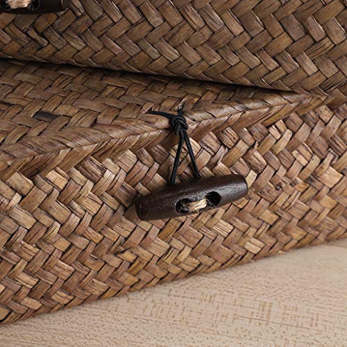 Hipiwe Set of 2 Flat Woven Wicker Storage Bins with Lid Natural Seagrass Basket Multipurpose Home Boxes for Shelf Organizer (Coffee) - color: Coffee, size: Small+Large