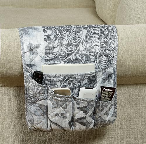 Brilliant Sunshine Grey Flowers Patchwork Couch Armrest 5 Pockets Organizer, Slip Resistant Recliner Armchair Caddy, Washable Remote Controls Holder, Storage for Magazine, Tablet, Phone, iPad, Grey - color: Medium Grey