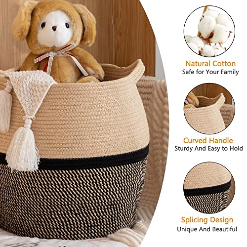 KAKAMAY Woven Baskets for Storage(17"x17"),Large Cotton Rope Woven Baby Laundry Hamper,Collapsible Laundry Basket, Blanket Basket for Organizing Living Room,Nursery,Clothes,Toy chest (Black) - color: Black