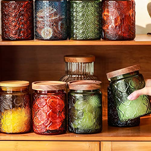 ANSQU Set of 4 Vintage Glass Storage Jars, 23.7oz Glass Coffee Canisters Decoraitve Mason Jars Sugar Containers with Airtight Wooden Lids for Kitchen Pantry, Cookie Jars (Sunflower) - color: 4 color, size: 23.7 Ounces