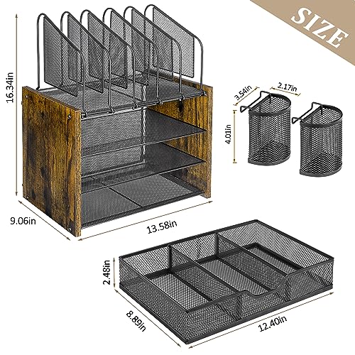 DAOUTIME 4-Tier Mesh Desk Organizer, Wooden Desk File Organizer with 5 Vertical File Holders and 2 Pen Holders, Desktop Organizers and Accessories with Drawer for Home Office - size: With Drawer