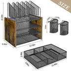 DAOUTIME 4-Tier Mesh Desk Organizer, Wooden Desk File Organizer with 5 Vertical File Holders and 2 Pen Holders, Desktop Organizers and Accessories with Drawer for Home Office - size: With Drawer