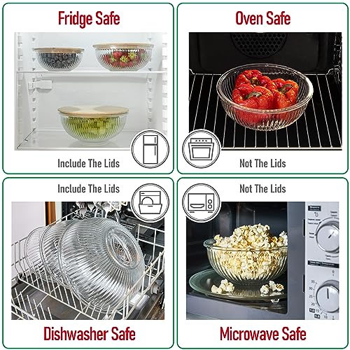 Stackable Space-Saving Nesting Set of 3 Glass Bowls with Bamboo Lids for Foodprep, Storage, Mixing & Cooking - Microwave & Oven Safe BPA Free Durable Heat Resistant Inert Borosilicate Glass - color: 3 Mixing Bowls with Bamboo LIds (Ribbed)