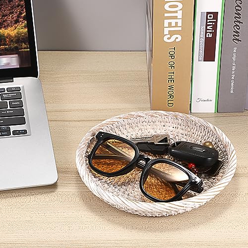 Hipiwe Small Key Basket Bowl for Entryway 7.6" Round Woven Wicker Basket Fruit Serving Tray Woven Basket Wall Decor Rattan Organizer Basket for Keys, Wallet,Whitewash - color: Whitewash, size: X-Small, 7.6"