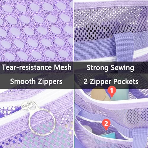 Fammart Mesh Shower Caddy Portable with Zipper & 2 Pockets - Quick Dry Shower Caddy Hanging for Travel Gym Camp Beach - Organizer Bag Bathroom Essentials for College Dorm - color: Small, Zipper Closure - Purple