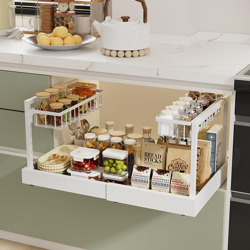 Under Cabinet Organizer Rack, White Metal 2-Tier Storage Shelf, Expandable 32-52cm Width, Modern Style, Kitchen Counter Organization with Hardware
