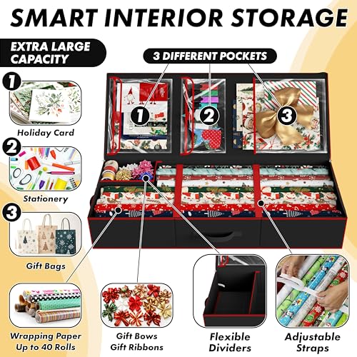 Simple Houseware 41.5" Wrapping Paper Storage Organizer - Fits 40 Rolls with Adjustable Straps, Interior Divider for Ribbons & Bows, 3 Clear Pockets for Gift Bags & Tools, 41.5''L x 16''W, Black - color: Black