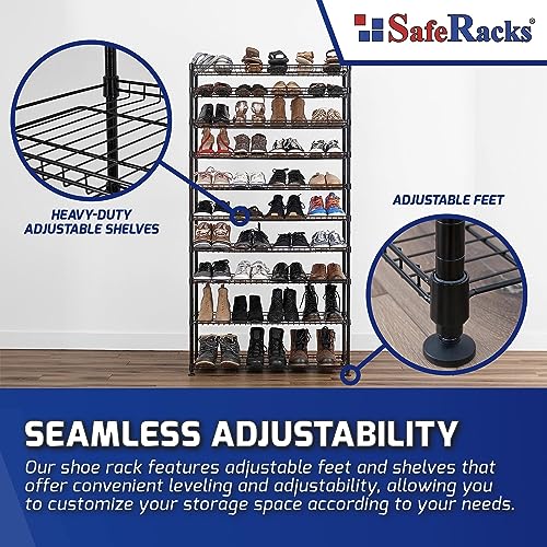 SafeRacks 10-Tier Shoe Rack - Black, Large Shoe Storage Organizer, 60 Pair, Heavy Duty Shoe Stand with Vertical Free Standing Shoe Shelf, Perfect for Entryway, Closet, Garage, & Bedroom Storage - color: Black, size: 14"x36"x68" 10-Tier