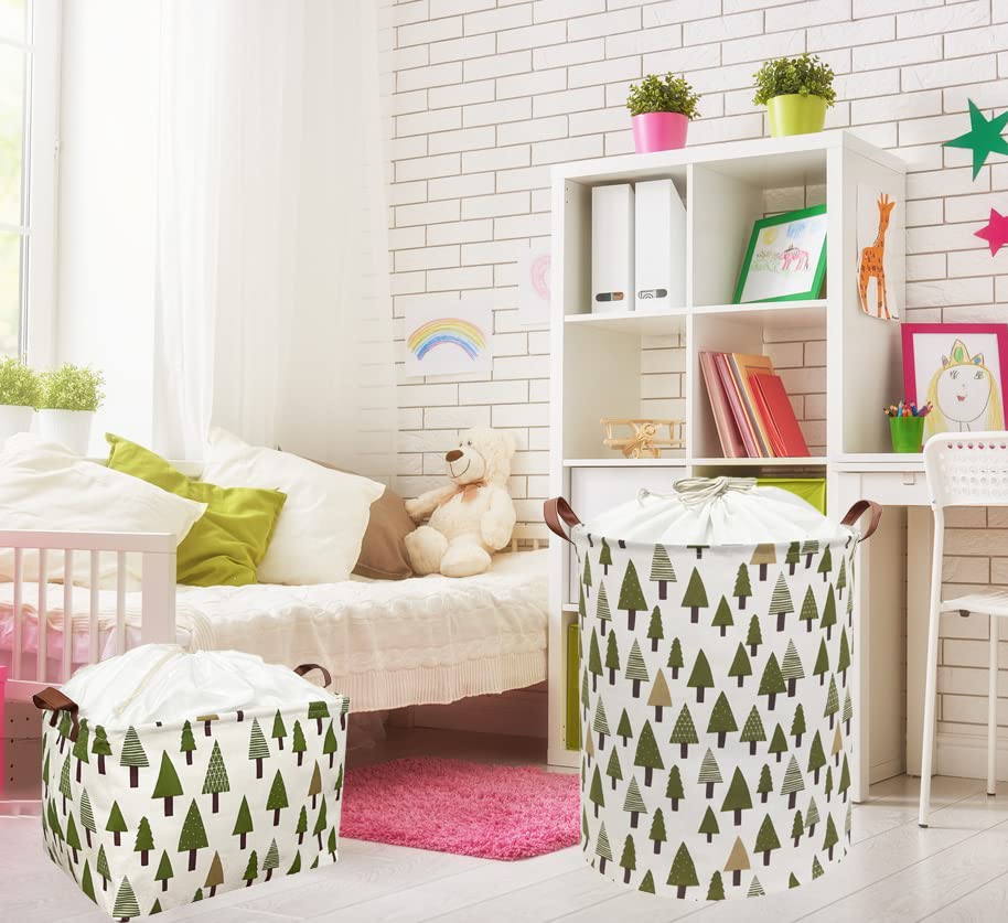 Nursery Laundry Basket Canvas Fabric Baby Boy Storage Bins,Collapsible Woodland Hamper,Waterproof Storage Baskets with Leather Handle,Forest Nursery Decor,Toy Organizer (Tree)
