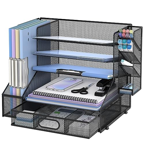 SUPEASY Desk Organizer with File Holder, 5-Tier Mesh Paper Letter Tray and 3 Tilted File Sorter for Office Supplies, Black - color: Industrial Black