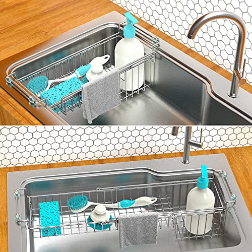Over The Kitchen Sink Caddy Sponge Holder Organizer Drying Rack Expandable for Sponge Brush Soap Dish Cloth Rag 14.5" to 22", Stainless Steel - size: 14.5" to 22"