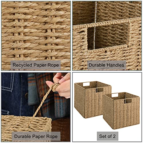 Vagusicc Wicker Storage Basket, Set of 2 Hand-Woven Storage Baskets for Shelves with Handles Foldable Cube Storage Baskets Bins, 9 inch Wicker Baskets for Pantry Bedroom Organizer &Decor, Natural - color: Natural, size: 9'' x 9'' x 9''