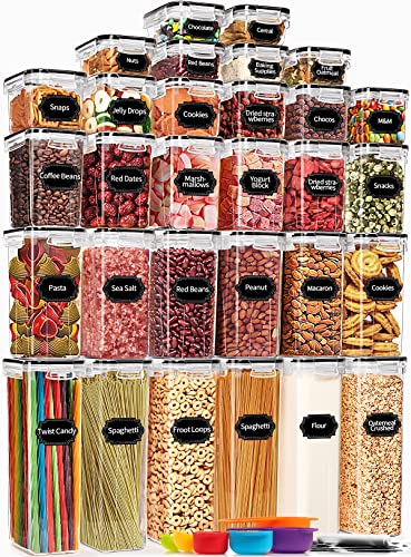 PRAKI 30 Pack Airtight Food Storage Containers for Kitchen Pantry Organizers and Storage, Plastic Kitchen Storage Canisters with Lids,Cereal, Flour & Sugar Containers - Labels, 6 Spoon & Marker - color: Black-30 Piece