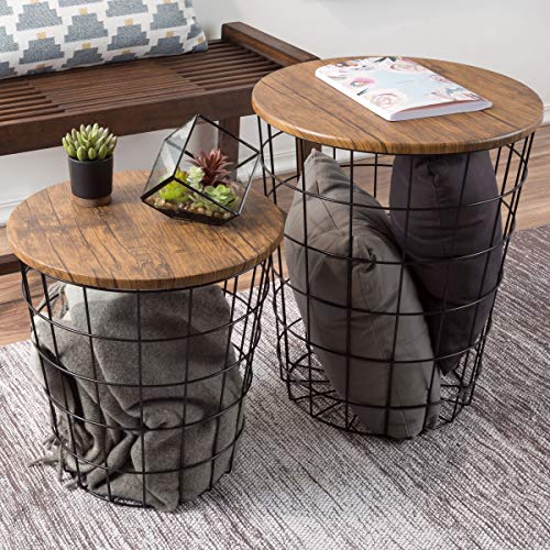 Lavish Home End Tables Set of 2 - Nesting Tables with Removable Wood Tops and Metal Basket Bases for Blanket Storage - Round Side Pieces for Living Room, Bedroom, or Home Office (Brown/Black) - color: Round Brown