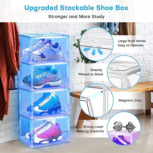 Oltraman Shoe Storage Organizer for Closet, Foldable Shoe Boxes Rack 2 pack, Clear Plastic Stackable Containers Bins Holder, Magnetic Sneaker Shelf for Sneakerheads with LED Lights Clear - color: Clear