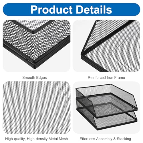 2-Tier Stackable Paper Tray Organizer with Top Tray, Metal Mesh Desktop File Holder & Document Sorter for Office, Home, Learning Places (Black)