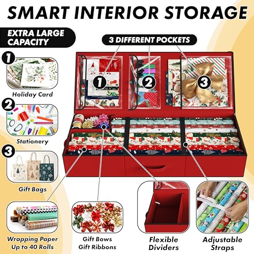 Simple Houseware 41.5" Wrapping Paper Storage Organizer - Fits 40 Rolls with Adjustable Straps, Interior Divider for Ribbons & Bows, 3 Clear Pockets for Gift Bags & Tools, 41.5''L x 16''W, Red - color: Red