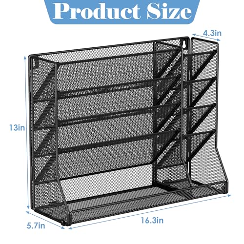 Jakyitvi File Organizer Wall Mounted, 4 Tiers Durable Adjustable Metal Desk Organizer, Desktop Hanging File Holder with 4 Pen Slots Stable, 4 Pull-Out Divider for File, Mail, Black, Patent Pending - size: 5 Tier & Metal