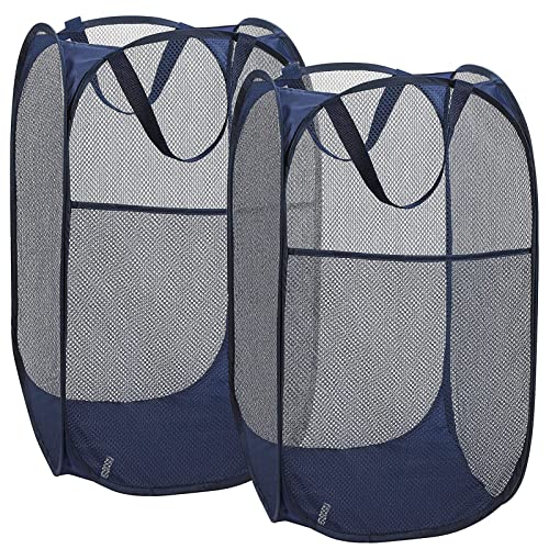 2 Laundry Baskets, pop-up Laundry Baskets, Foldable mesh Laundry Baskets (Each with 2 Reinforced Handles, Blue - color: 2 blue