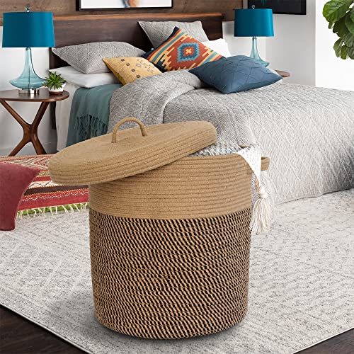 Extra Large Storage Basket with Lid 60L, 16"Wx18"H Woven Laundry Hamper Basket with Handle, Jute Rope Wicker Basket Blankets Pillows Storage in Living Room Baby Nursery, Jute/Black Mix includes Lid - color: Jute/Black Mix-16"Wx18"H