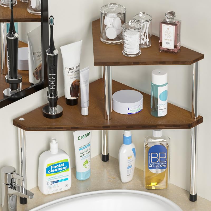 Weenson Bathroom Organizer Countertop, Bathroom Sink Organizer for Toiletries, Makeup, Skincare, Bamboo 2-Tier Kitchen Countertop Organizer for Spice Salt (Brwon) - color: Brown