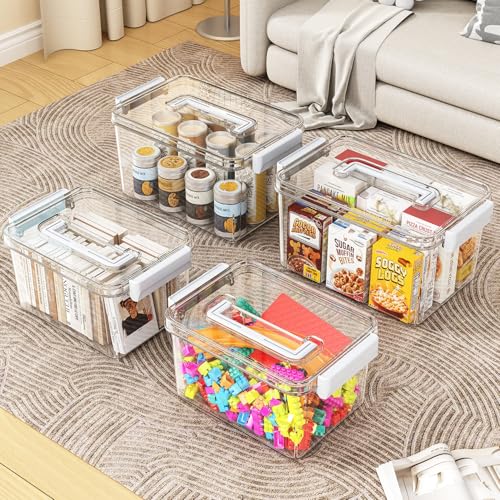 Plastic Storage Bins with Lids Stackable organization and Storage Containers for Organizing Snacks, Crafts, Tools Clear Storage Box with Latching handle(Clear, 2PCS-4.5QT 2PCS-8.5QT)