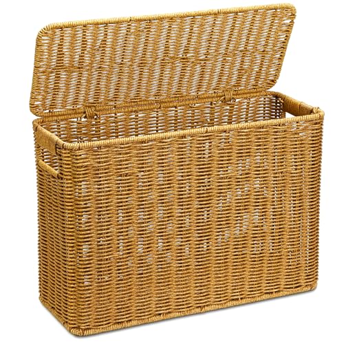 Pumtus Woven Storage Basket with Lid, 3 Gallon Decorative Plastic Organizer Box with Handle, Rectangle Narrow Tall Trash Can Toilet Paper Holder, Household Container Bin for Wardrobe, Magazines, Toys