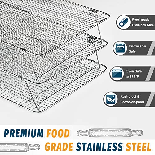 HIWARE Oven-Salf Collapsible Cooling Rack for Baking, 3 Tier 12”x 16.5”, Stainless Steel and Fit Half Sheet, Stackable Wire Cooling Racks for Cookie, Pizza, Cake
