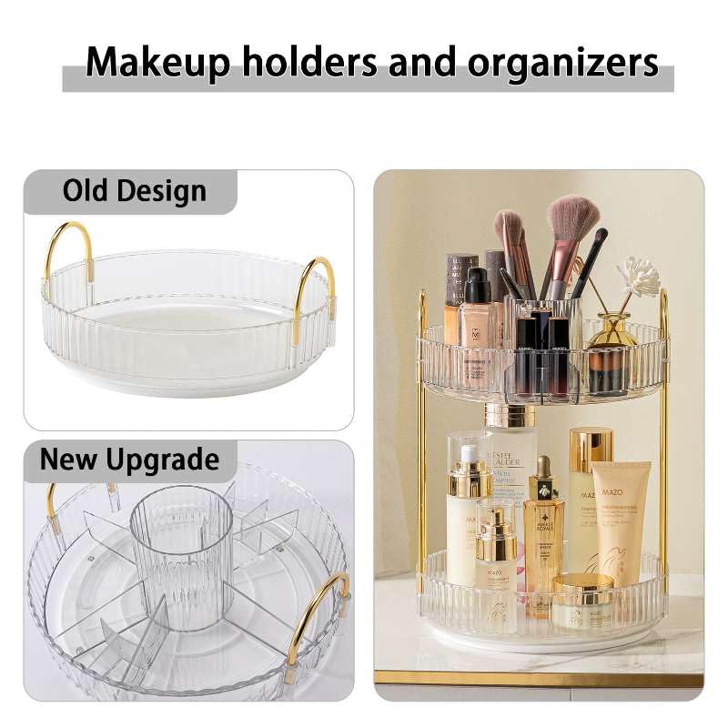 shuang qing Rotating Makeup Organizer for Vanity, High-Capacity Skincare Clear Make Up Storage Perfume Organizers Cosmetic Dresser Organizer Countertop 360 Spinning (Clear, New-2 Tier) - color: Clear, size: New-2 Tier