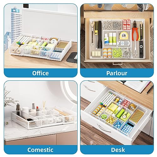 Marbrasse Expandable Desk Drawer Organizer, Mesh Drawer Organizer Tray with 10 Adjustable Compartments, Desk Organizers and Accessories for Office Supplies, Makeup & Vanity (Expandable White-2 pack) - color: White-2P