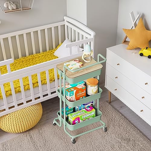 DTK 3 Tier Rolling Utility Cart with Cover Top Board, Movable Kitchen Storage Cart Trolley with Lockable Wheels, Cups, Hooks for Kitchen Bathroom Home Office Art Craft Storage(Turquoise/Green) - color: Green, size: Medium