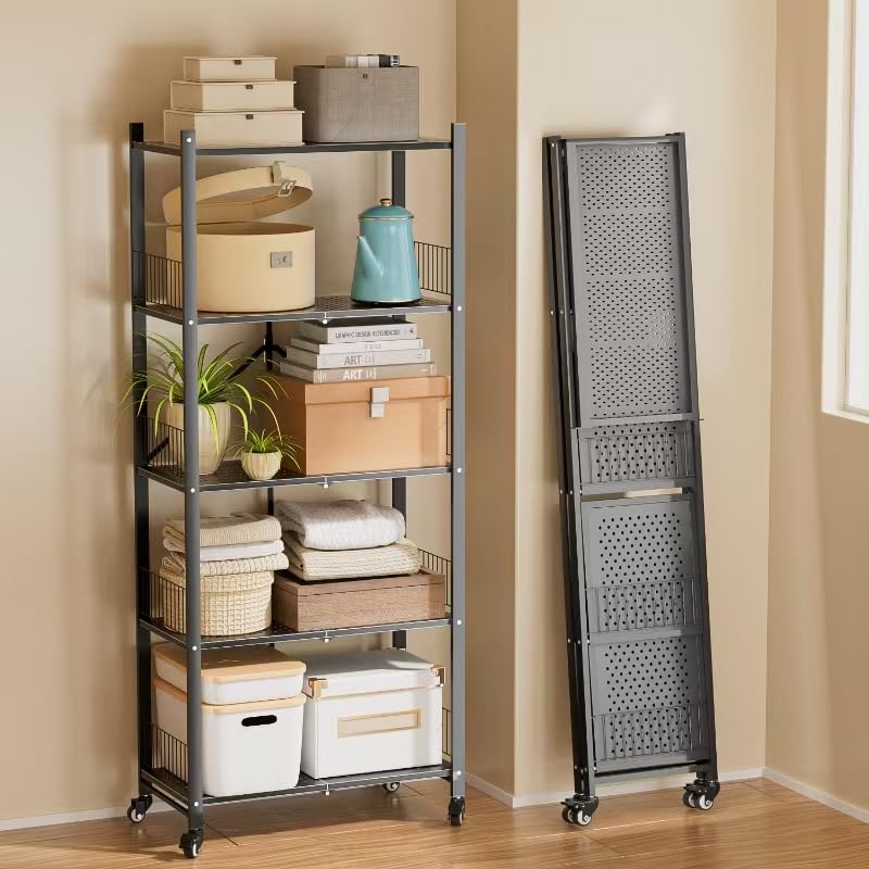Folding Storage Shelves, Heavy Duty 5-Tier Metal Foldable Shelf Shelving Rack Organizer On Rolling Wheels in Kitchen Garage Apartment Pantry Basement No Assembly , 1100 LBS Capacity (Black, 5-Layer) - color: Black/5-tier