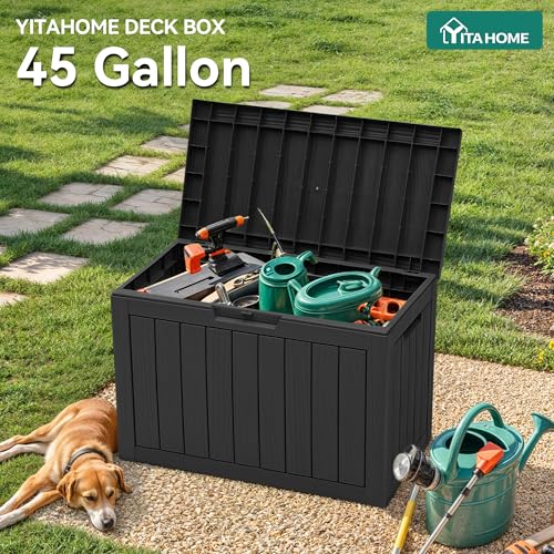 YITAHOME Outdoor Storage Box, 45 Gallon Waterproof Resin Deck Box, Lockable Organizer for Patio, Poolside, Deck, Cushions, Throw Pillows, Garden Tools, Black - color: Black, size: 45 Gallon, style: Deck Box