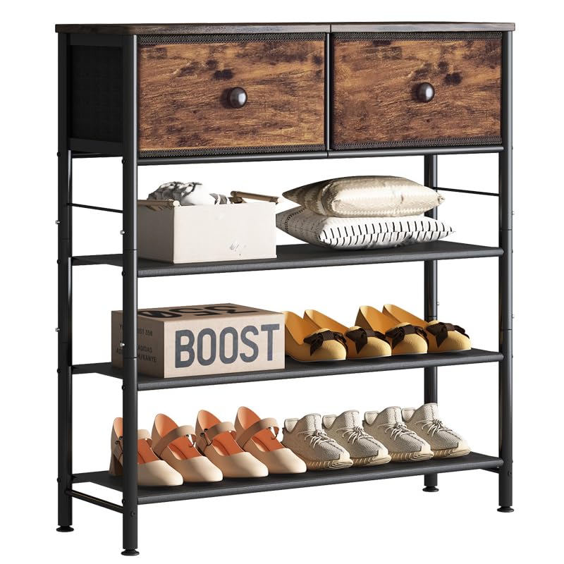 INGIORDAR Shoe Rack Organizer 5 Tier Metal Organizer Shelf with Industrial MDF Board and Layer Fabric for Entryway Closet Bedroom Living Room Garage (Black+Rustic Brown, 4 Tier with 2 Drawers) - color: Black+rustic Brown, size: 4 Tier with 2 Drawers