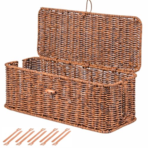 BROWNLILY Cable Management Box, Rattan Style Cord Organizer for Desk Cord Hider Outlet Covers Baby Proofing for Power Strip TV PC Router Charger Under Desk Storage with Lockable Lid and Cable Ties - color: Brown, size: L
