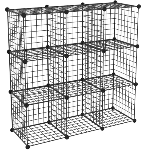 HUBSON Wire Cube Storage Organizer, Book/Toy/Craft/Potted Plants and petCloset Organizers and Storage Shelves, 9-Cube Freely Combinable Metal Grids Storage Shelf,Black Iron - color: Black Iron, size: 9 Cubes